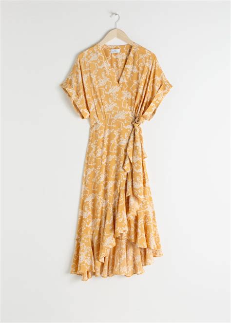 cloud print ruffled wrap dress